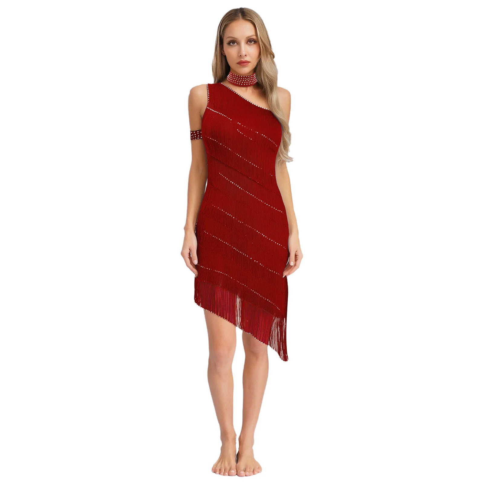 

Slim Fit Latin Tassel Dance Dress Women Temperament Irregular Hem Fringe Dance Dress with Choker And Armband Rumba Samba Outfits