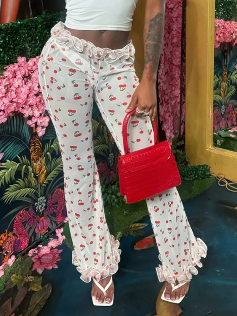 

New Women's Sweet Cherry Printed Long Pants 2025 Sexy See-through Mesh Trousers Casual Female Ruched Flare Pants Y2K Streetwear