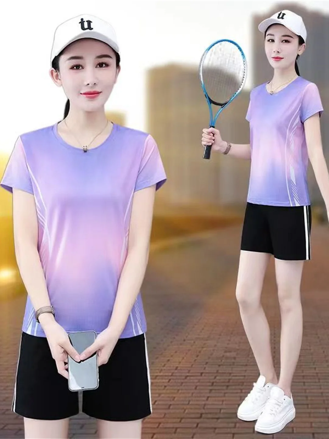 

Summer Sports Set Women's Thin Fitn Running Square Dancing Qui Dry Ice Silk Breathable Casual orts Two Piece Set