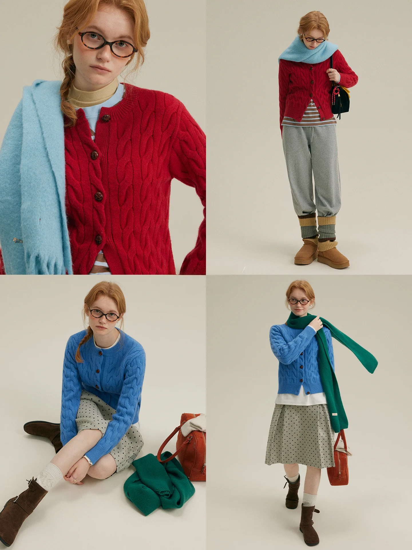 

Rina Berry Twisted Knit Open Cardigan Two-tone Pure Color Lazy Sweater Soft Polyester Blend round Ne Long Sve Women's Top