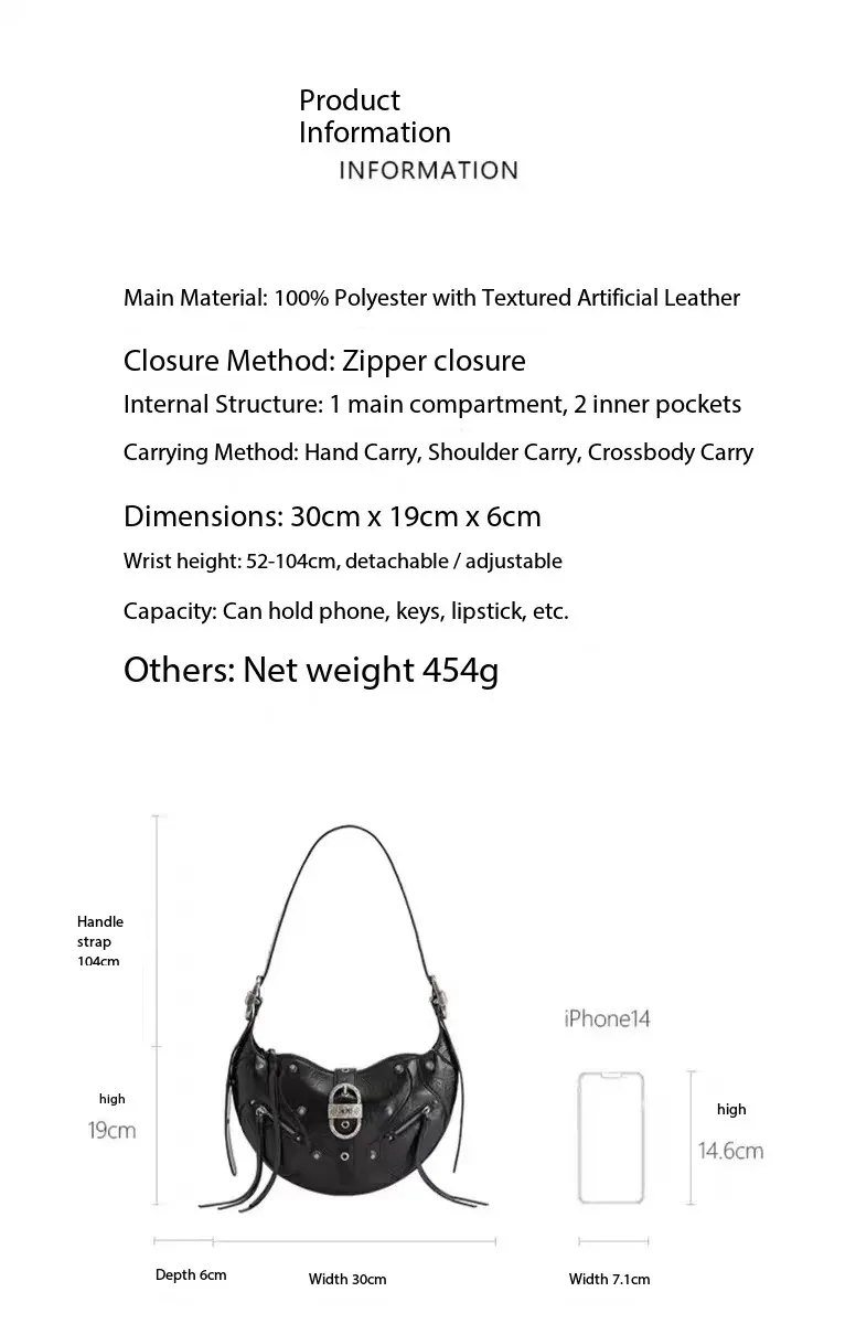 JW PEI Tessa Crescent Underarm Bag Women, Crushed Vegan Leather Rivet Shoulder Purse, Punk Biker Style Crossbody Hobo Bag
