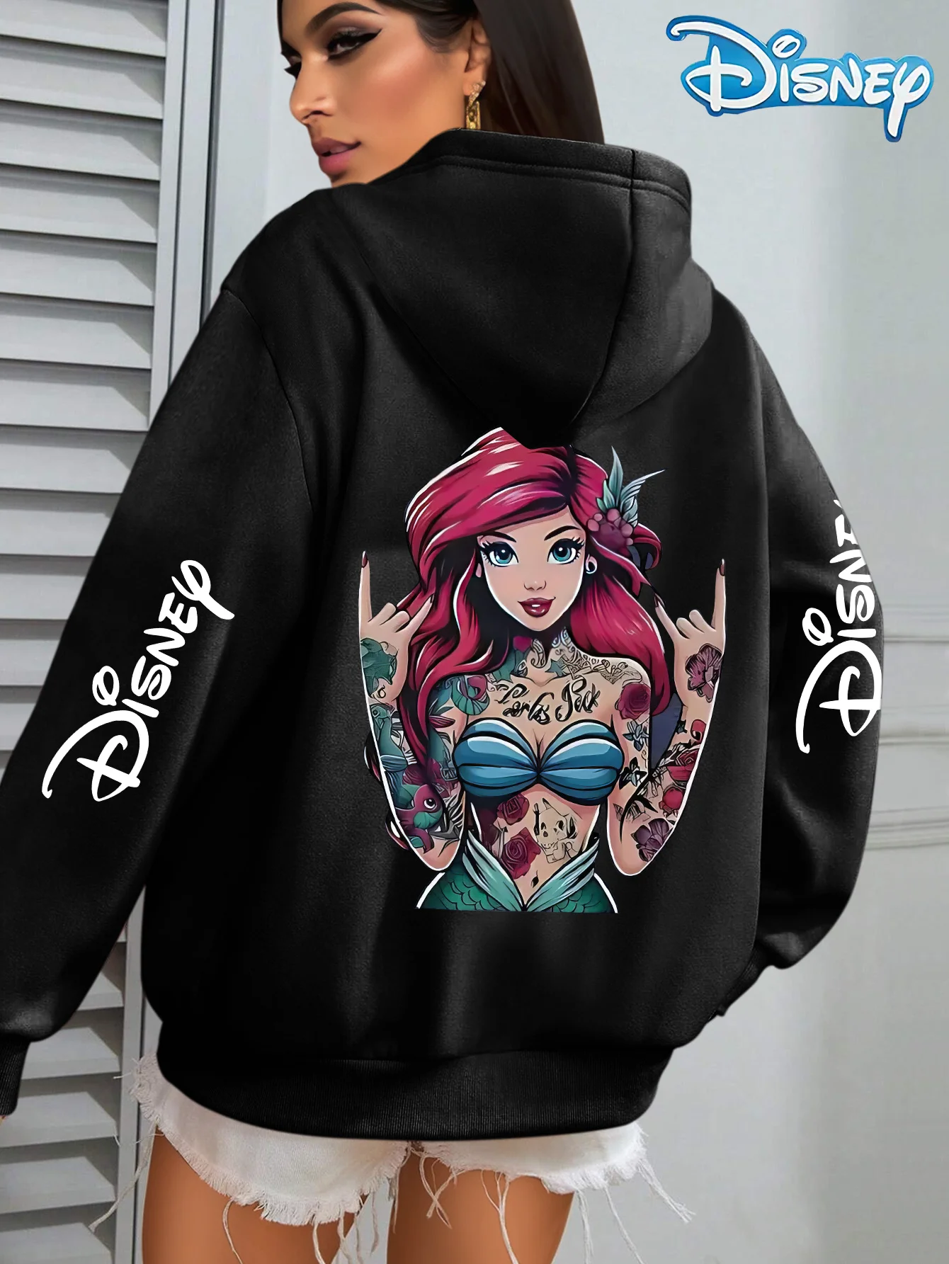 هوديي نسائي بقلنسوة "The Little Mermaid" Ariel Dark Style من Disney بتصميم بنمط Ariel وأكمام طويلة كاجوال بقلنسوة