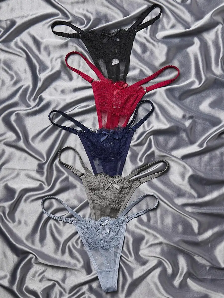 

Набор из 5 кружевных стрингов с цветочным узором и бантом — черный, красный, темно-синий, серый, светло-голубой