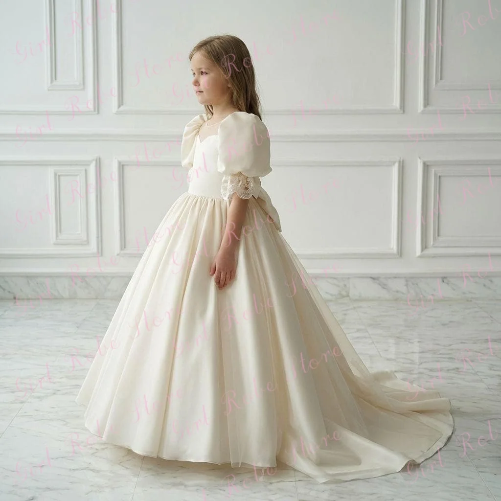Ivory Satin Simple Flower Girl Dress For Wedding Lace Half Sleeves Strap Kids First Communion Formal Events Prom Gown Customized