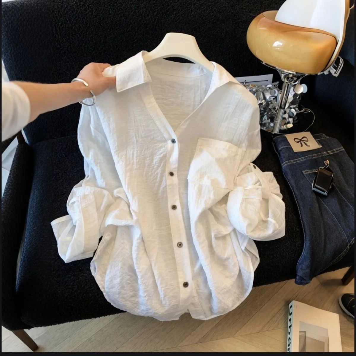 

Linen Shirt Women's Loose Long Sleeve Sun Protection Summer Air Conditioning Outerwear Thin Coat Collar Pure C...