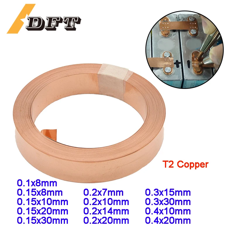 Tiras de cobre t2 de 5m de espessura 0.1/0.15/0.2/0.3/0.4mm para conexão de soldagem de bateria 18650/21700 e solda de bateria de veículo elétrico