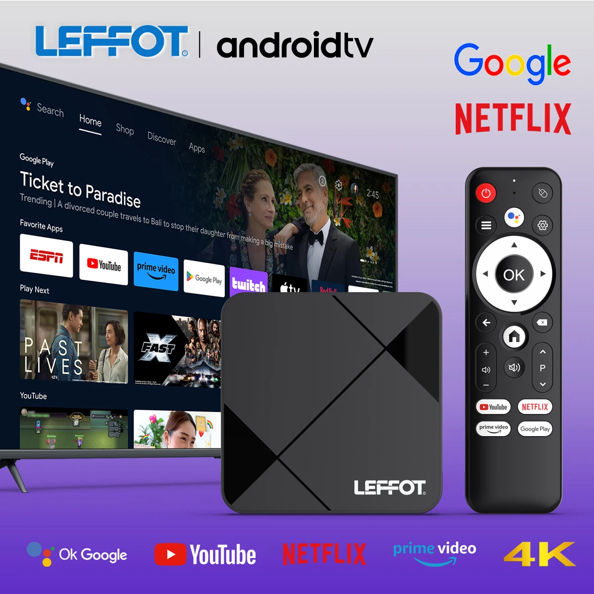 New Smart TV Box LEFFOT RK3518 BT5.4 Android 14.0 Wifi6 4K Google Voice Remote Control Mouse Assistant LEFFOT Box Media Player