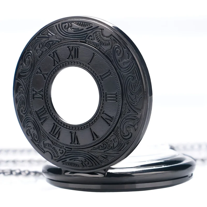 Vintage Charm Black Pocket Watch Fashion Roman Scale Display Steampunk Quartz Pocket Watch Exquisite Necklace Pendant with Chain
