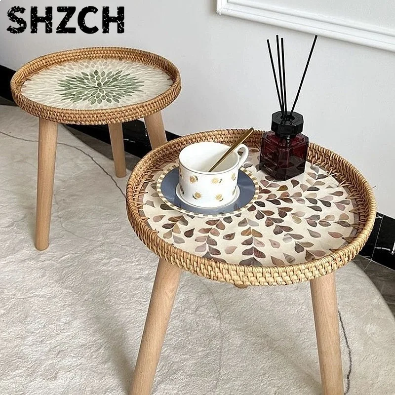 Boho Handmade Woven Rattan Shell Coffee Table Natural Wicker Tatami Low Round Side Table for Indoor Home