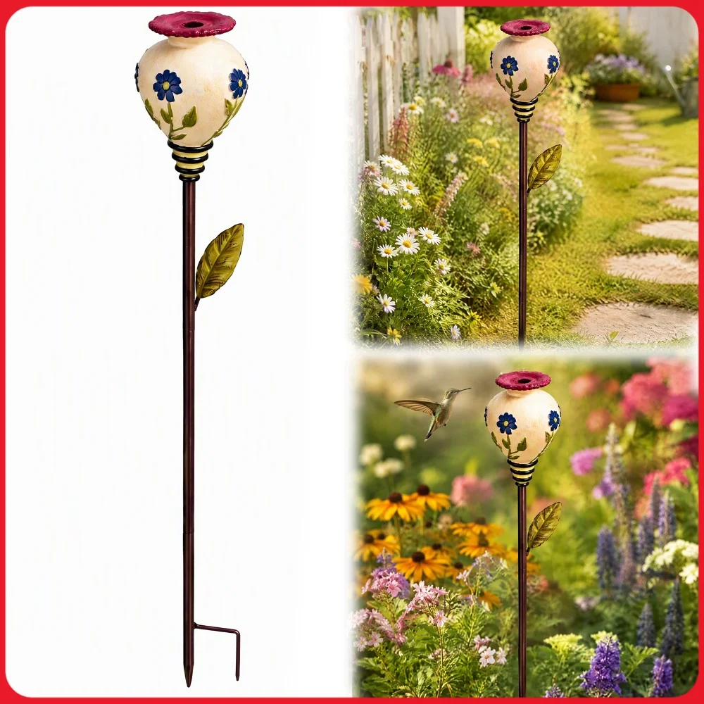 Vintage Ceramic Hummingbird Feeder with Metal Stake Rustic Floral Nectar Feeder for Garden Yard Patio Outdoor Bird Lover