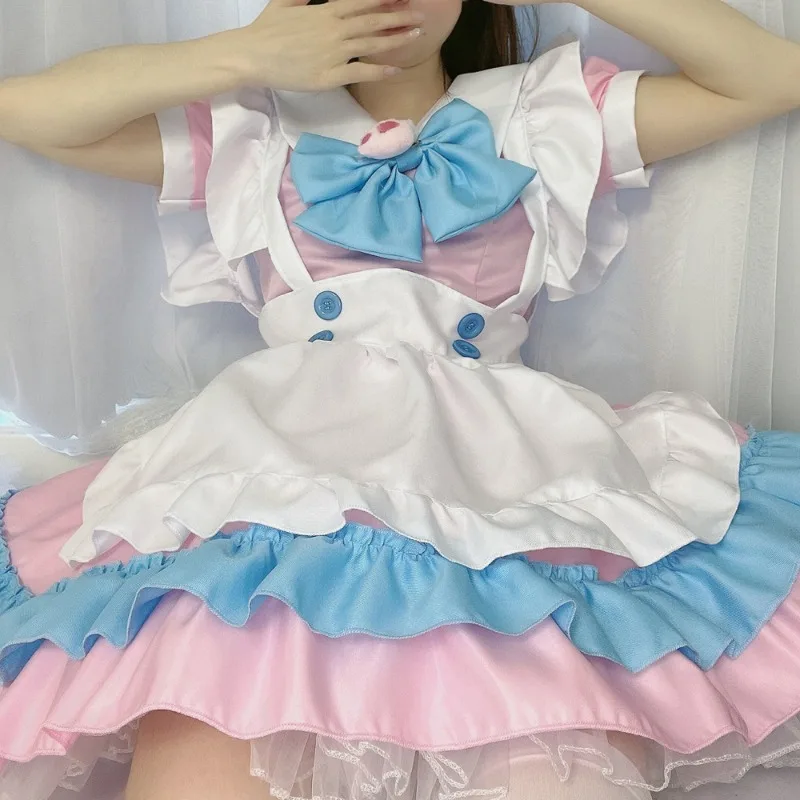 

S-5XL Large Maid Dress Super Cute Big Bow Lolita Dress Women's Big Shot Pink Blue Cute Dress Cosplay Costume Set