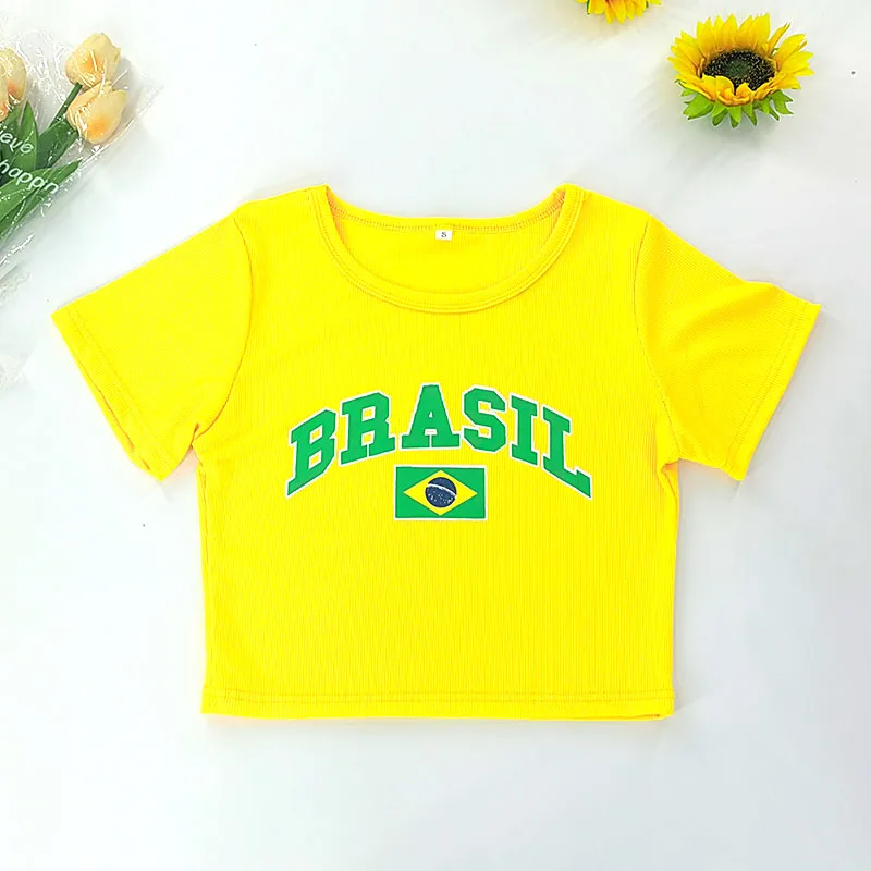 Y2k Brazil Alphabet Print Summer Women Crop Top T-shirts Harajuku Streetwear High Street O Neck Short Sleeve Aesthetics Baby Tee