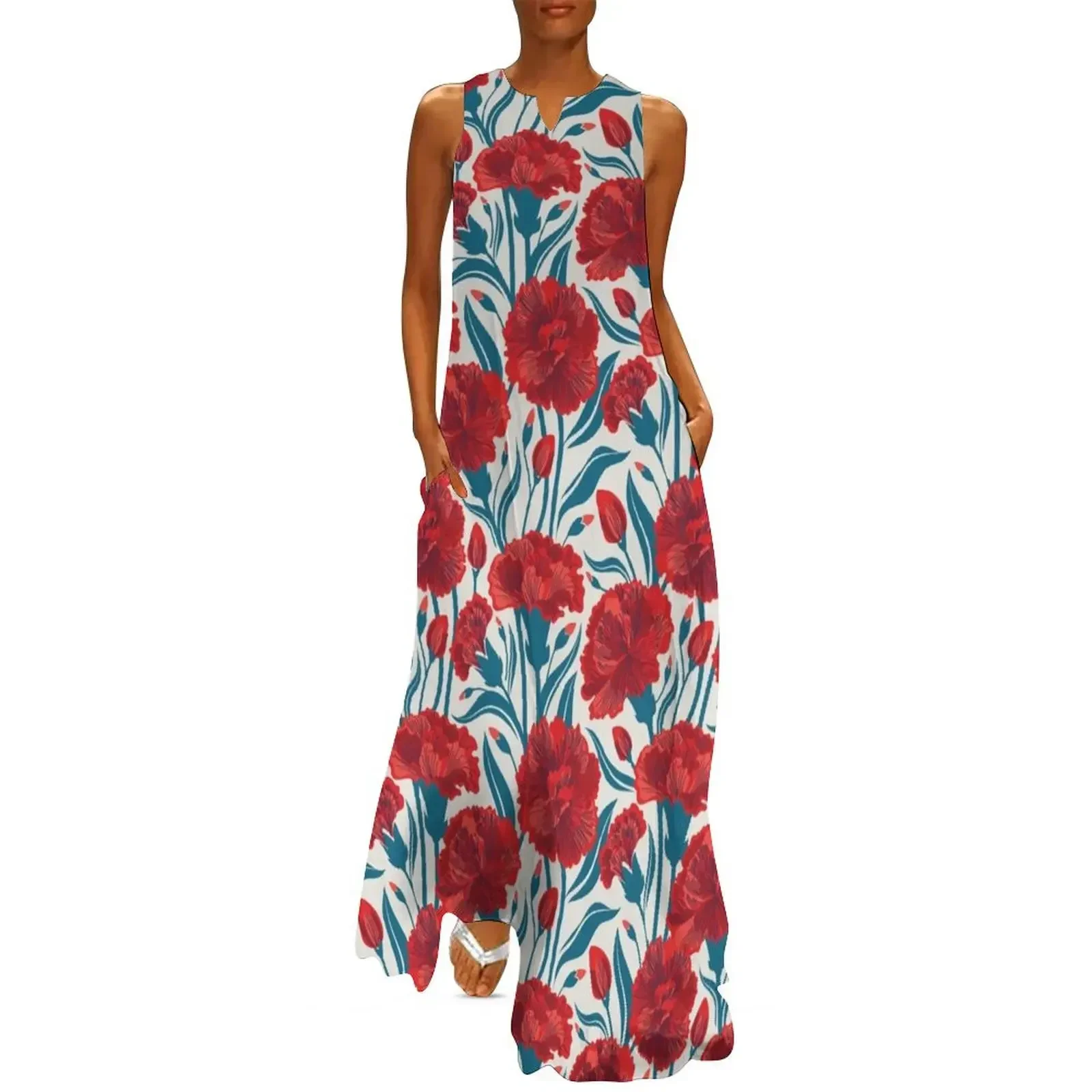 

Red carnation flowers // beige background vivid red coral and peacock blue clove flowers Long Dress Female clothing Dress