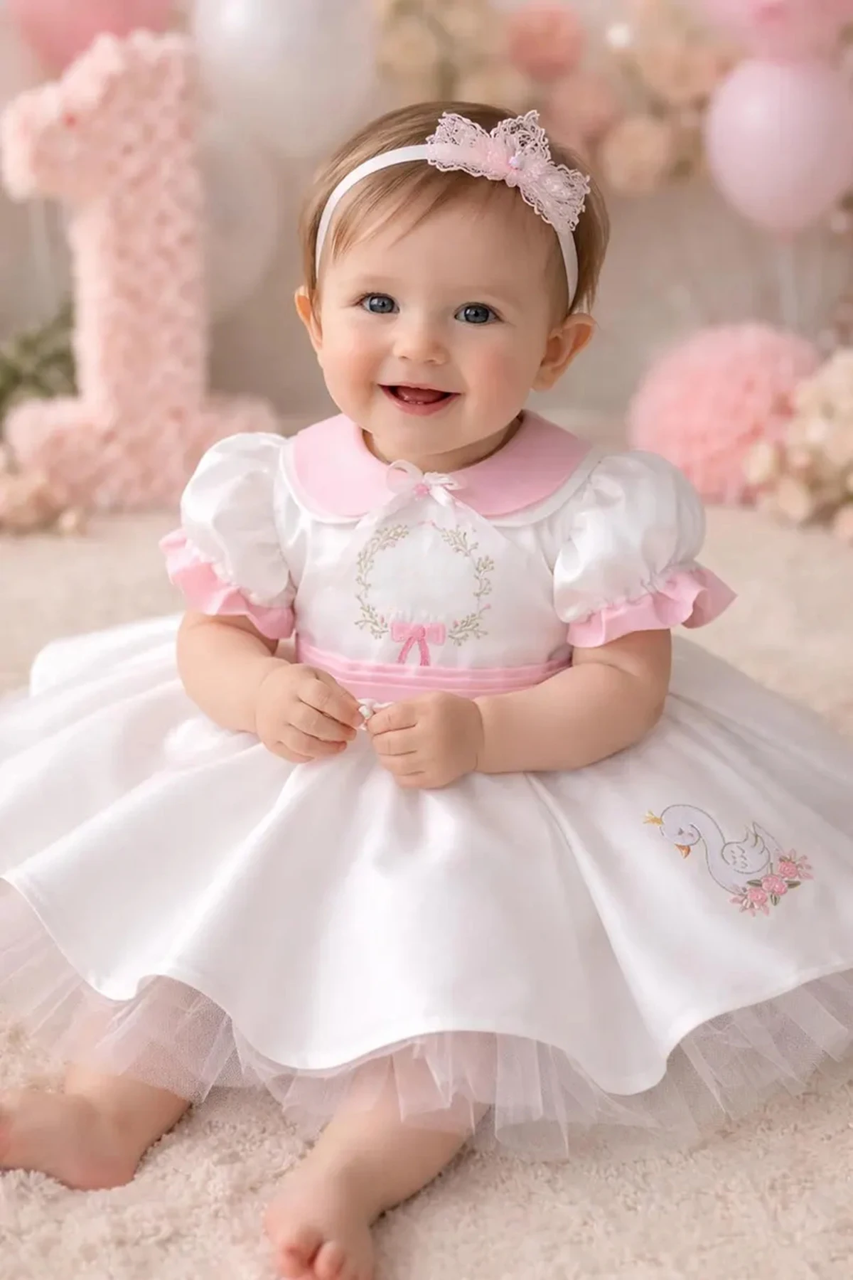 Summer Girl Sweet Pink Swan Embroidered Bow White Puffy Dress For Casual Party Birthday Wedding Photography B667