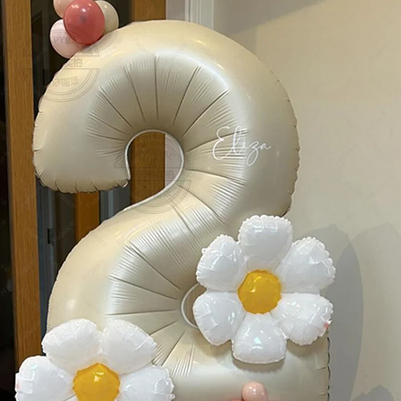 48pcs Fresh white daisy flower milk white aluminum film digital balloon column retro pink latex ball children\'s birthday giftset