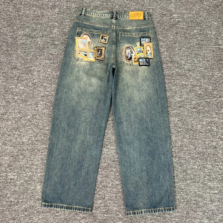 

Washed Blue Oil Painting Embroidery Derschutze Denim Leg Jeans Pants Men Women Joggers Trousers