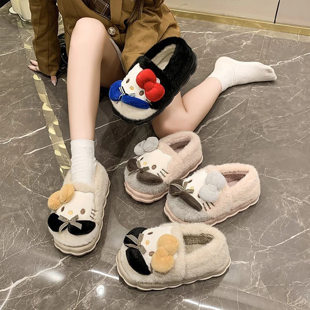 

Милые плюшевые хлопковые тапочки Hellokitty, женские зимние домашние теплые хлопковые тапочки с нескользящей подошвой в стиле аниме Sanrio, новые