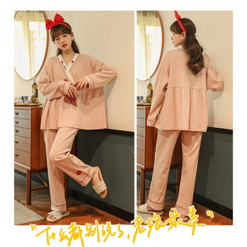 M-2XL, большие размеры, японское весеннее милое кимоно, женские топы для сна с длинными рукавами, длинные брюки, молодежные пижамы, хлопковая свободная домашняя одежда