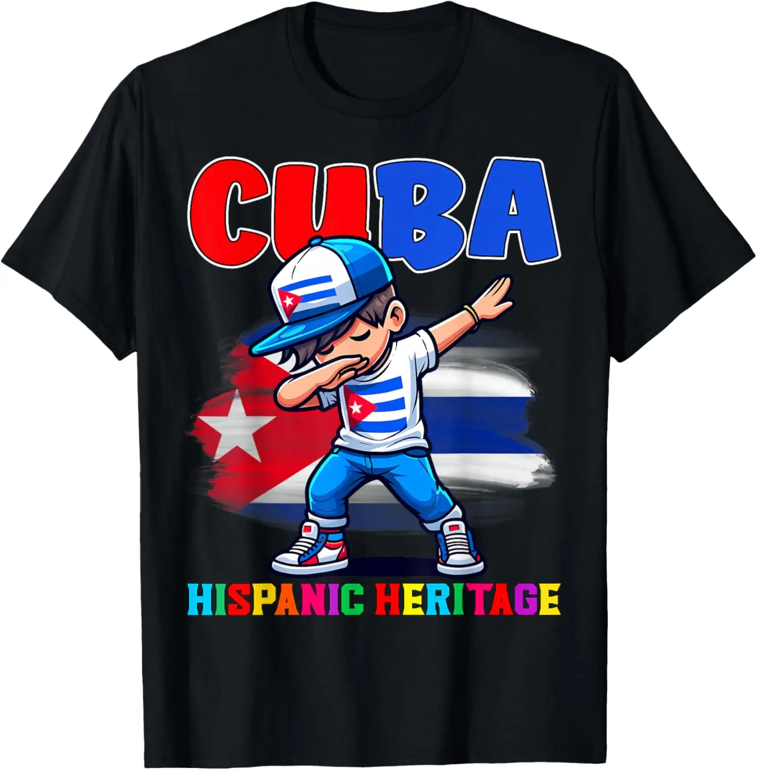 Cuba Dabbing Kid Graphic Tee Hispanic Heritage Month Celebration Short Sleeve T-Shirt Casual