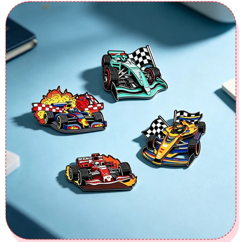 Unisex Formula Racing Pin Badge Cartoon Checkered Flag Racing Car Metal Brooch DIY Accessories for Clothes Bags Hat T-shirt Car