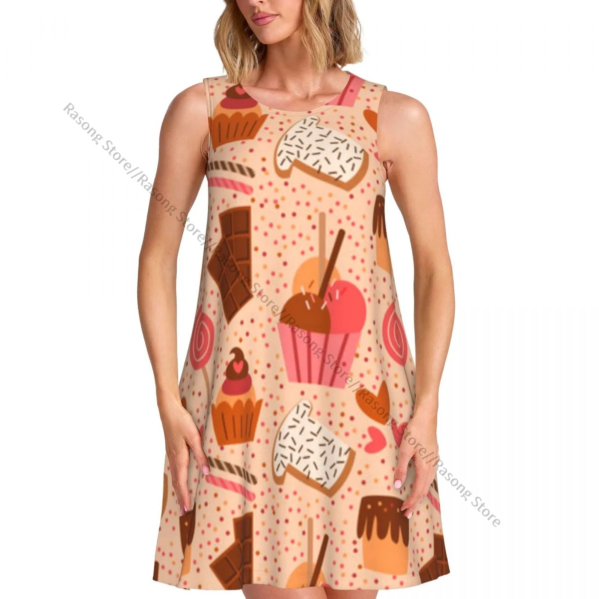 Women's Dress Summer Casual T Shirt Dresses Beach Cover up Cute Sweet Food Pattern Tank Dress