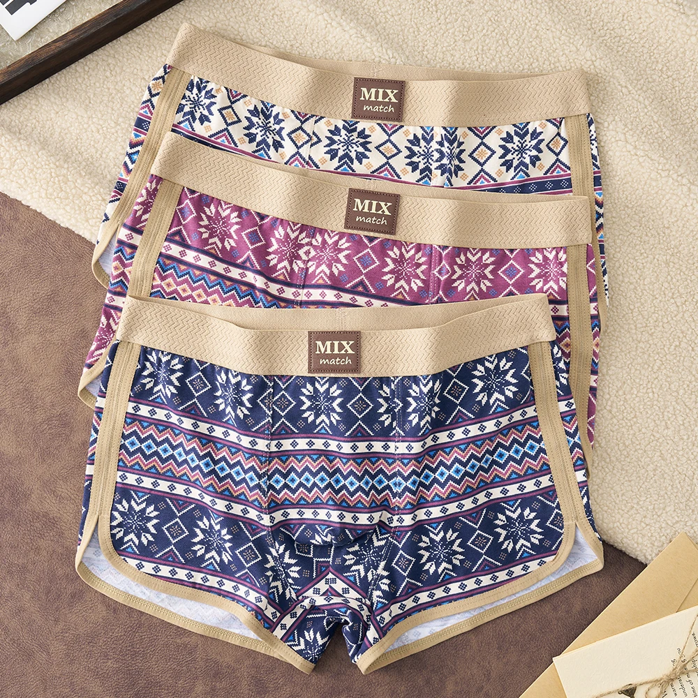 

3PCS/Pack 100% Cotton Retro Ethnic Print Men's Panties Cozy Breathable Mesh Crotch Man Underwear High Elastic Waist Underpants