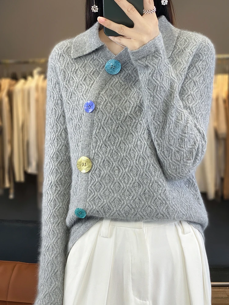 2024 Spring Women Turn-down Collar Pullover Sweater Colorful Buttons Long Sleeve Hollow Sweater 100% Merino Wool Knitwear Tops