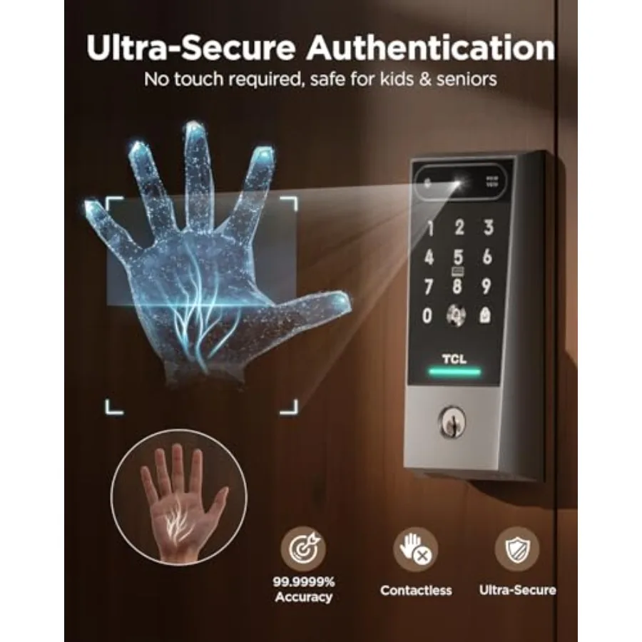 Front door smart lock with palm vein biometric entry, matte black metal finish, keyless Wi-Fi keypad access, built-in doorbell,