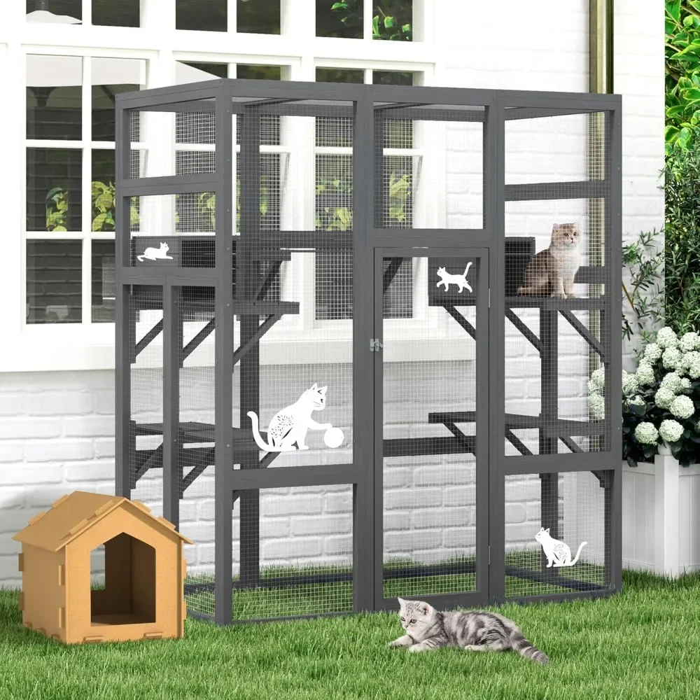 

Large 70inches Outdoor, Indoor Cat Cage House with Waterproof Roof, 5 Perches & 2 Condos, Spacious Wooden Cat