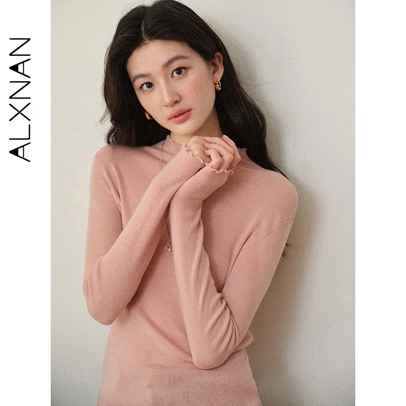 ALXNAN-suéter de lana rosa para mujer, prenda de punto de manga larga con cuello redondo y orejas de madera, jerséis de manga larga para otoño 2025, L578115-1