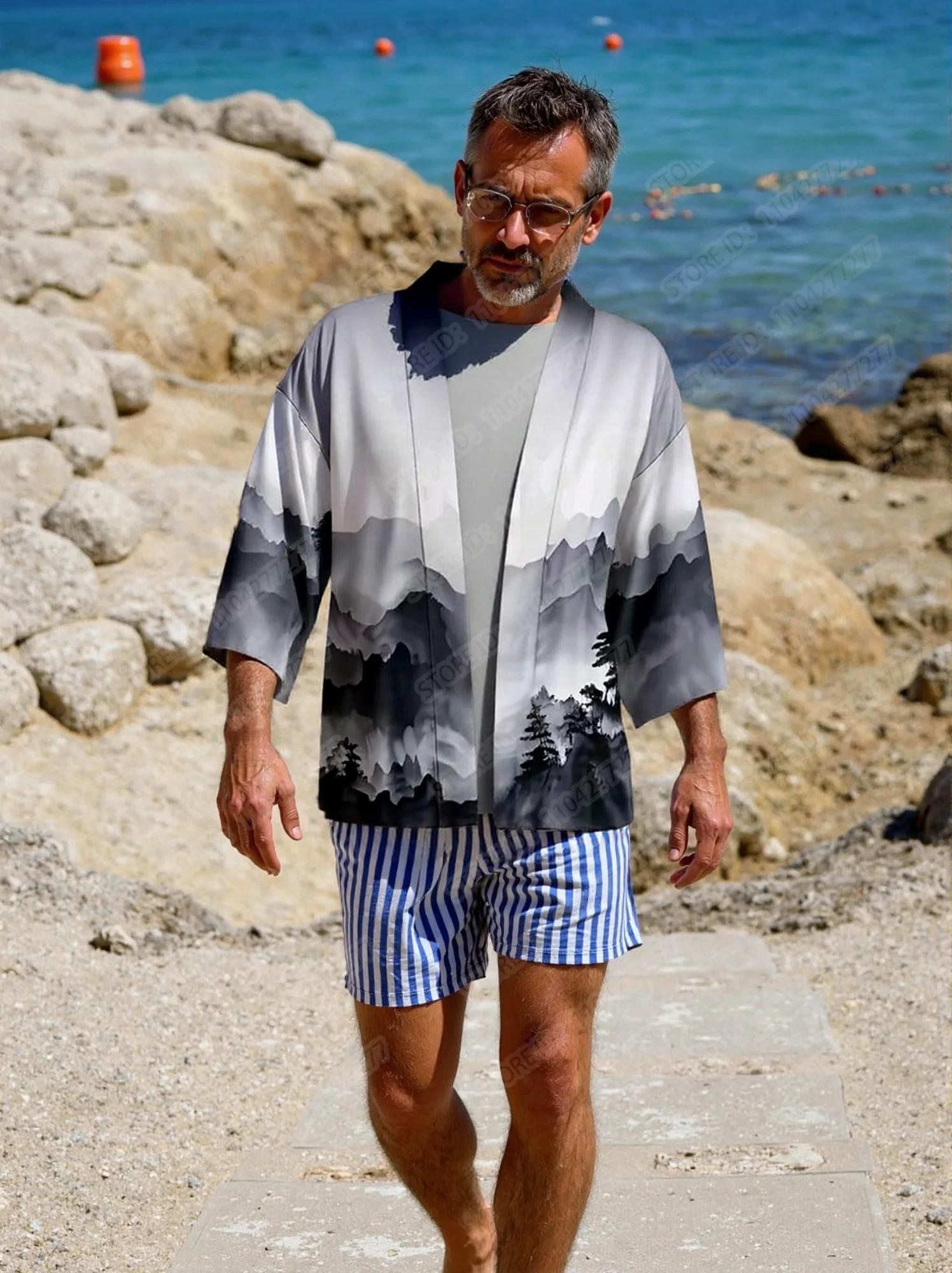 Men's Kimono Shirt Cardigans Landscape Painting Japanese Ukiyoe Loose Fit Open Front Shirt Kimono Men Casual Summer Beach Shirt