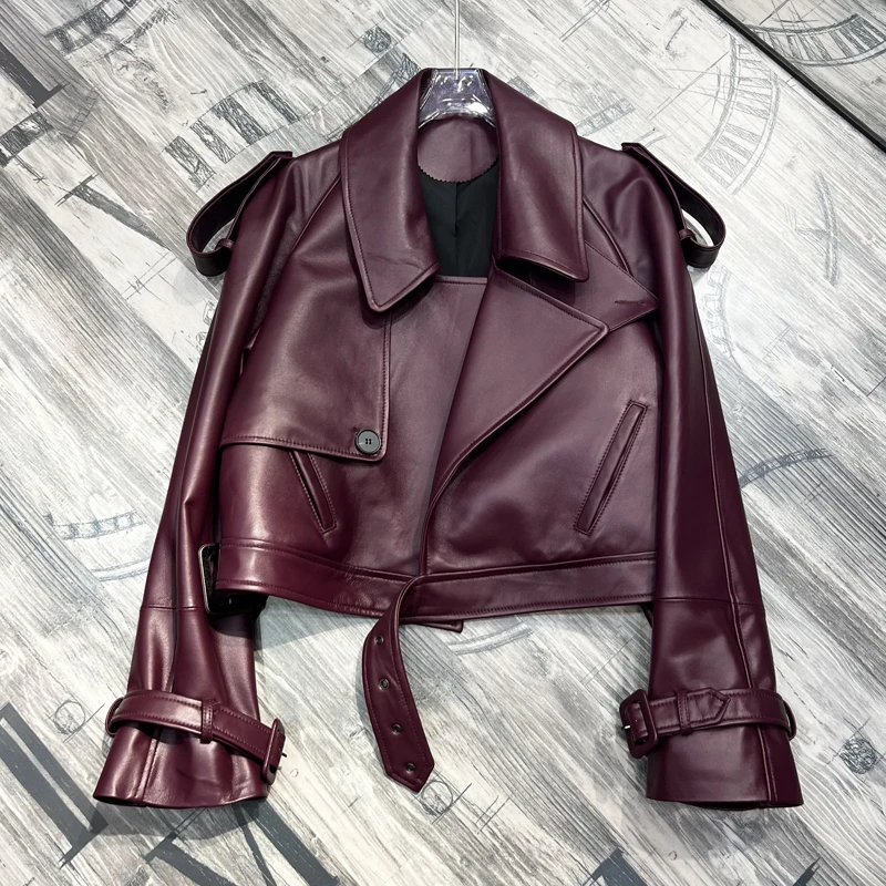 Chaqueta de piel de oveja auténtica para mujer, abrigo corto holgado, color Burdeos y morado, ropa de motocicleta, novedad