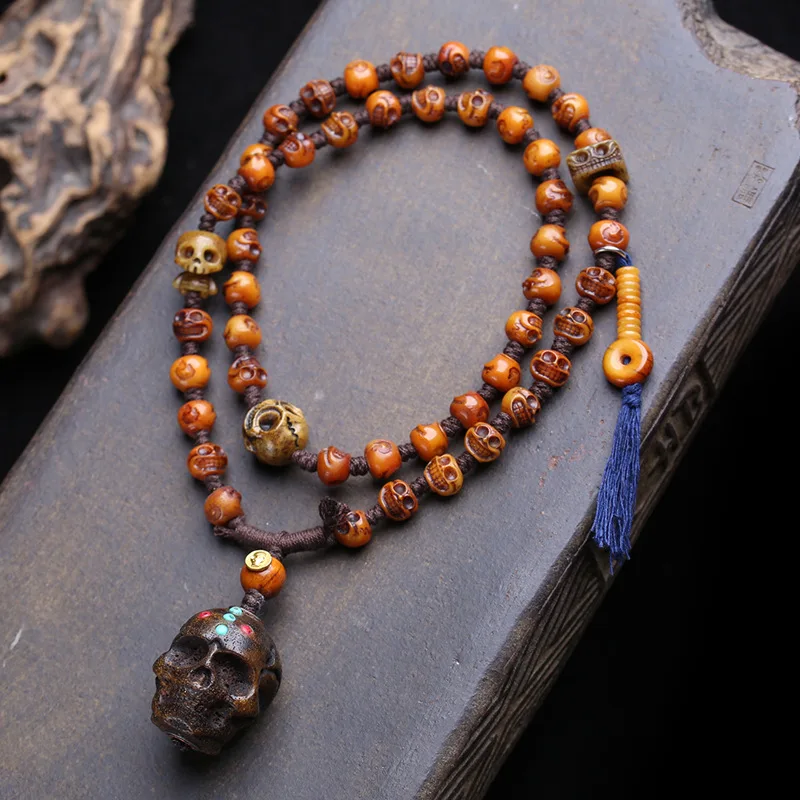 Reflow Yak Carving Buddhist Prayer Beads Clavicle Chain Bone Safety Clasp Side-Hanging Shitoulin Pendan