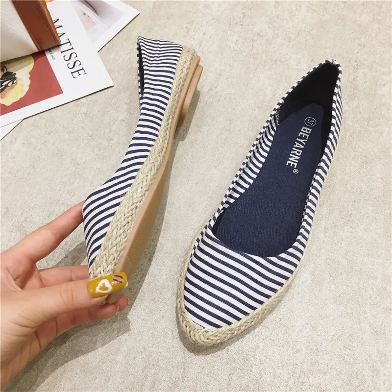 Breathable Cheap Shoes China Flats Black Pointed Toe Espadrilles Blue Women Slip On Hemp Large Size Striped Plain 2023 Casual