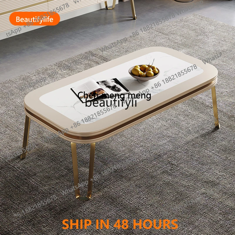 

Nordic Modern Light Luxury Champagne Paint Stainless Steel Gold Stone Plate Square Living Room Coffee TableFH H