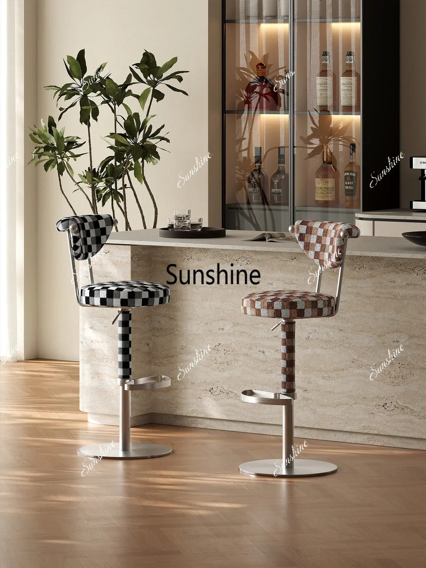 Light luxury liftable rotating island table chair kitchen stainless steel home high bar chair high senseT*