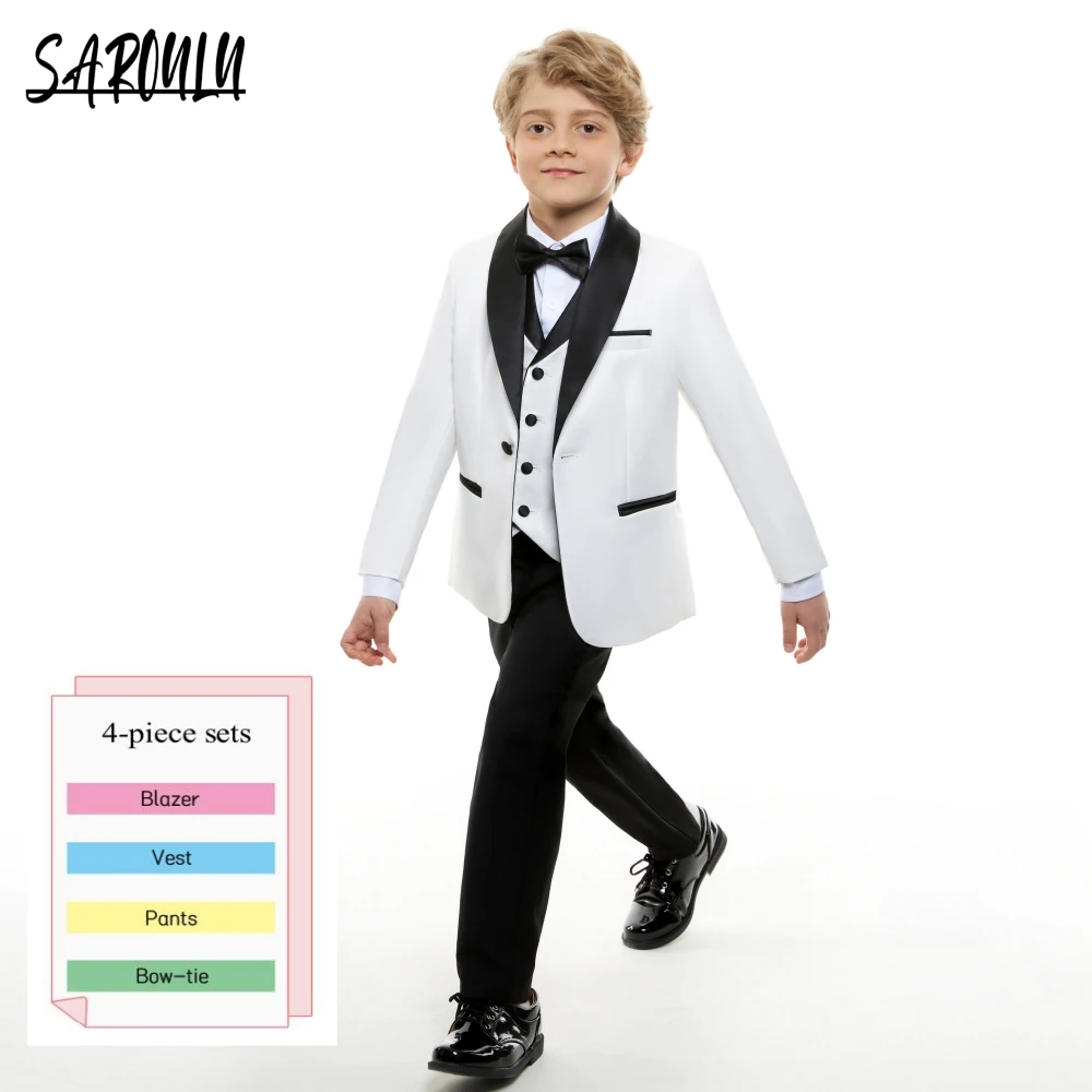 Classic White Suit For Boys Four Pieces Blazer Vest Pants Bow Tie Smart Elegant Top Quality School Wedding Costumes HH007