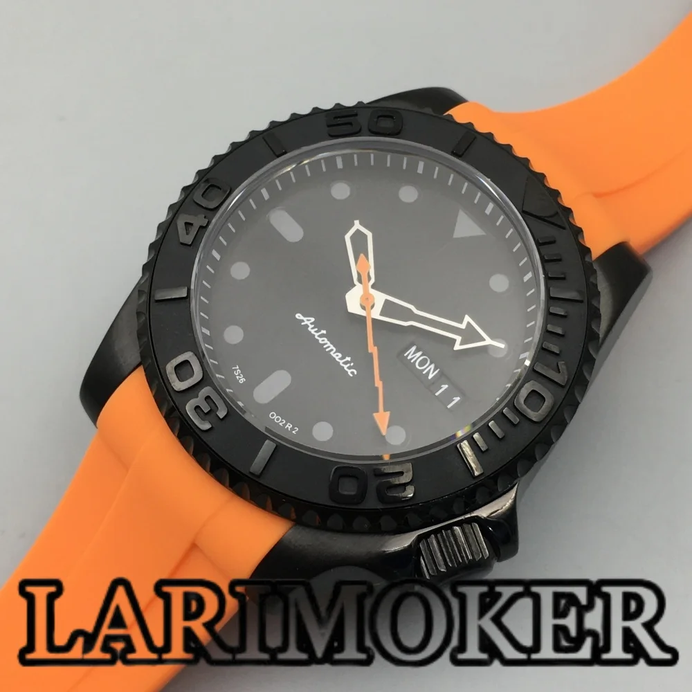 LARIMOKER NH36 PVD nero 40mm orologio automatico da uomo settimana data display lunetta girevole vetro zaffiro arancione flash seconda gomma