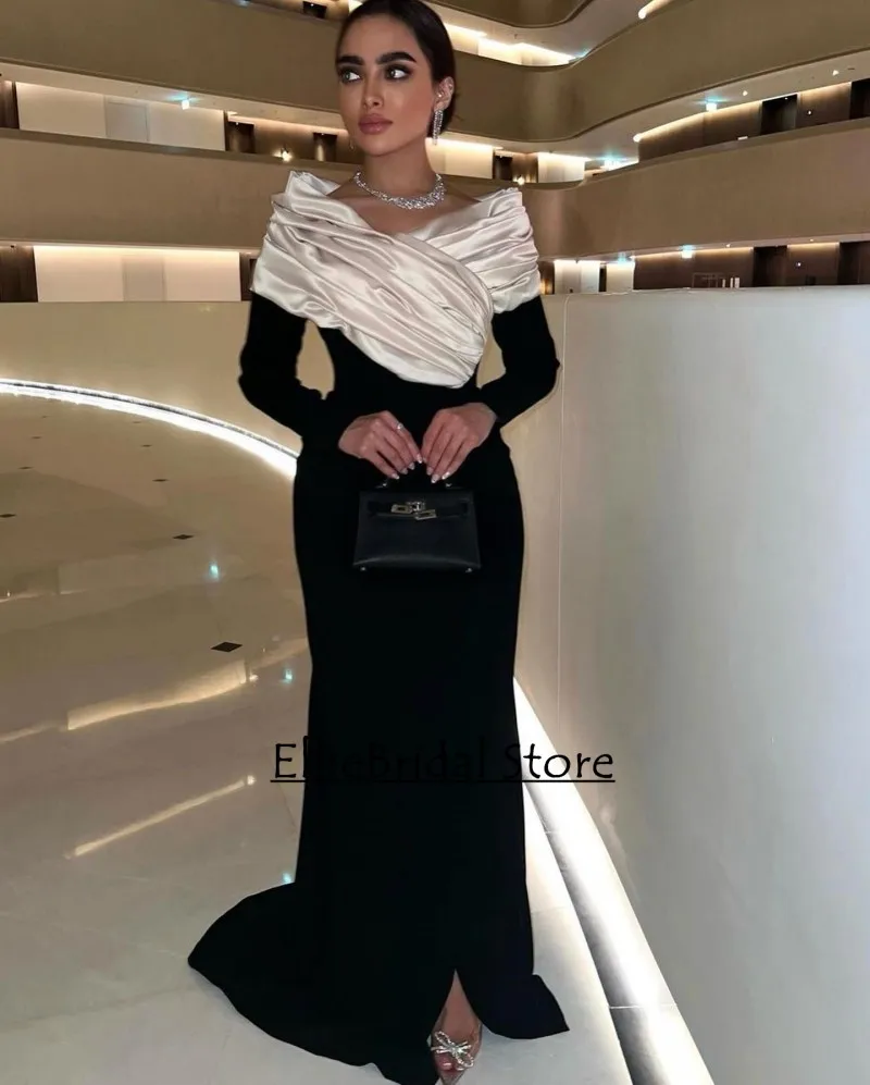 Modest Black Evening Dresse For Wedding Party Dress Off The Shoulder Mermaid Prom Dress Long Sleeves Dinner Gown Customized