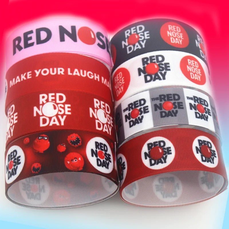 DHK 50yards Red Nose Day Printed Grosgrain Ribbon Accessory Hairbow Headwear Decoration DIY Wholesale Craft S1430