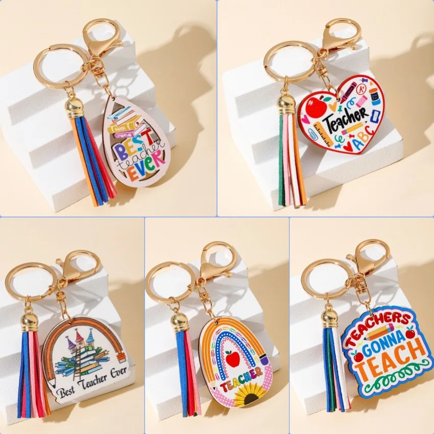 Best Selling Rainbow Wooden Plaque Tassels Keychain Creative Love Teacher Day Great Gift Exquisite Souvenir Key Chain Pendant