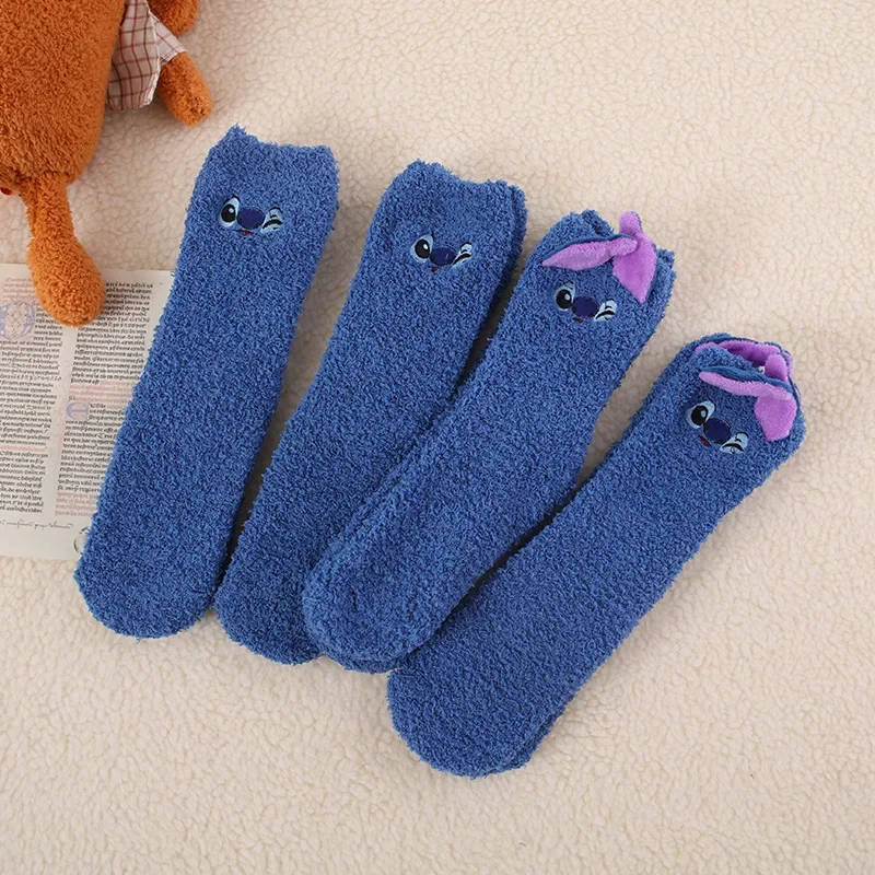 Disney Stitch Flauschige Socke Anime Winter Warme Verdickte Korallen Fleece Socken Weiche Bequeme Schlafen Stickerei Anti-slip Socken