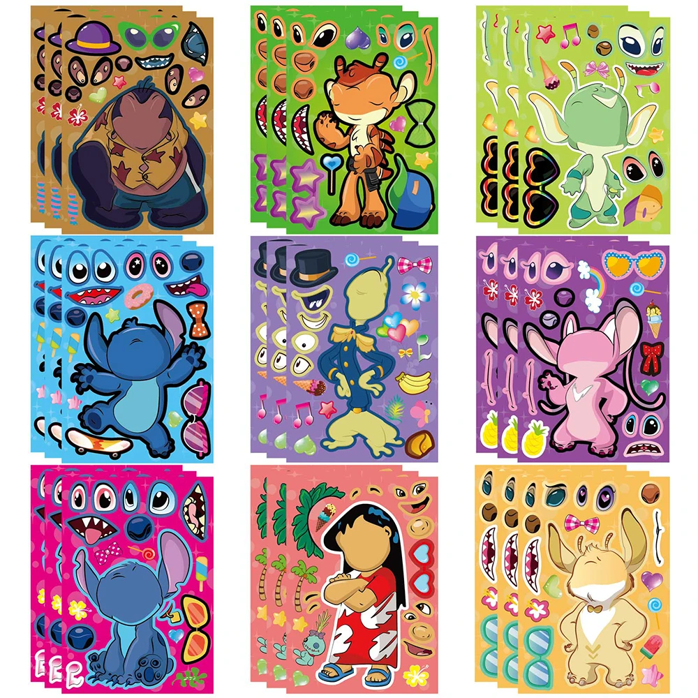 9/18Sheets Disney Stitch Kids Puzzle Stickers Make-a-Face DIY Assemble Jigsaw Children Party Game Decoration Gift Education Toys