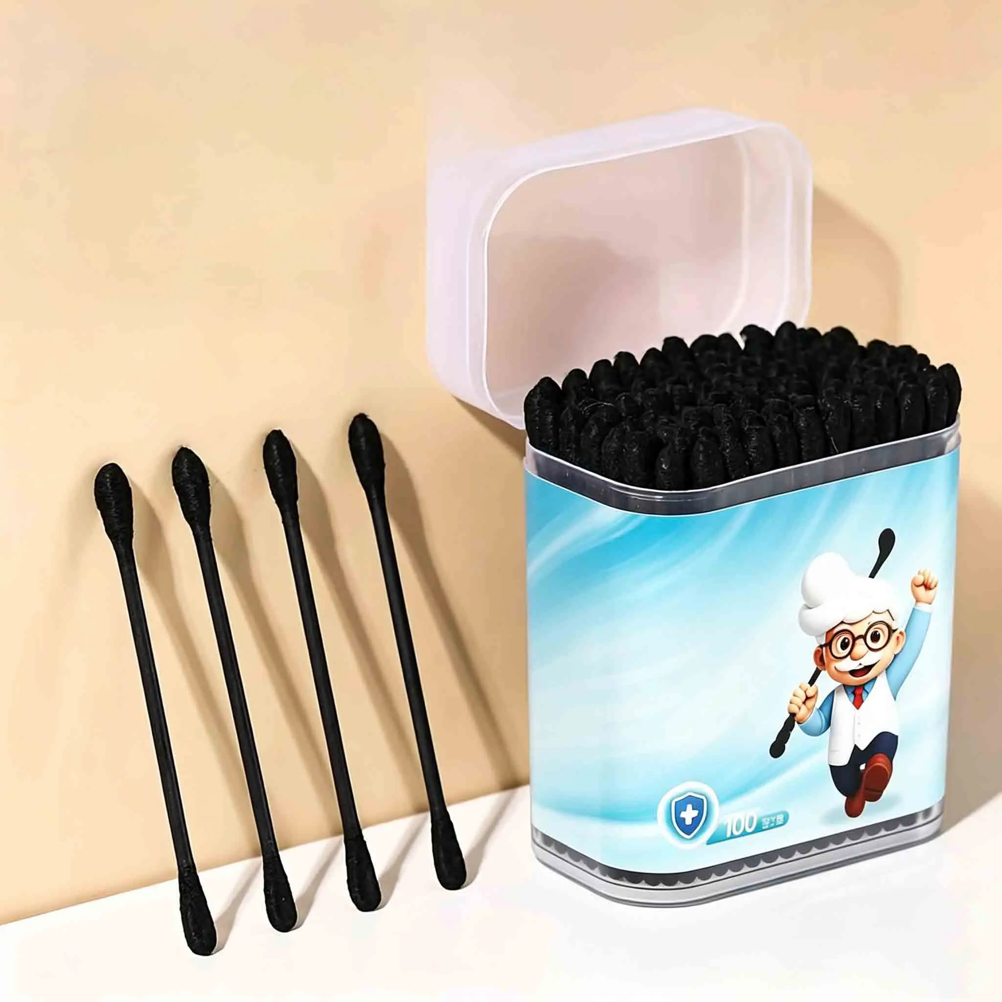 Adult Ear Cleaning Cotton Swab 100/200 Double Headed Black Spiral Ear Scoop Disposable Cleaning Cotton Swab for Ear Care