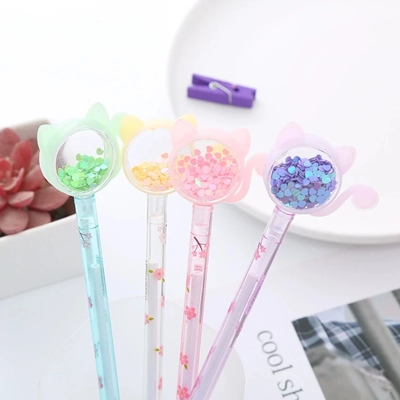 4Pcs/Set Kawaii Sequins Cat Tail Gel Pen Cute Kitten Black Ink Gel Pens Transparent Rod Office School Stationery Kid Writing Pen