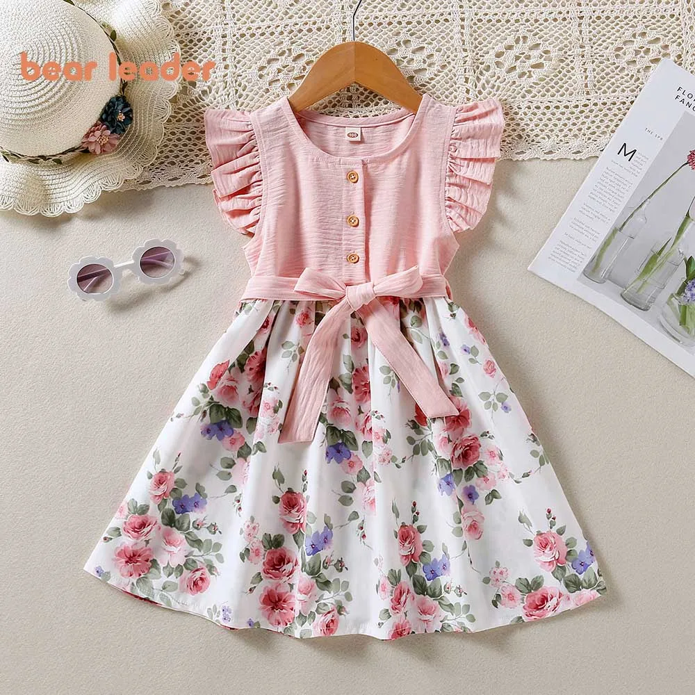 Bear Leader Girl Kids Dress Spring Summer New Girls Lace Sleeve Splicing Floral Dress Casual Fashion Clothes Vestidos 2-6 Years