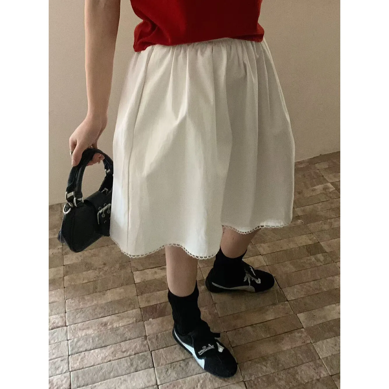 Korean Style Simple Elastic Lace Splicing Half Skirt Women Slim A-Line Skirt High Waist Commuter Other Materials Other