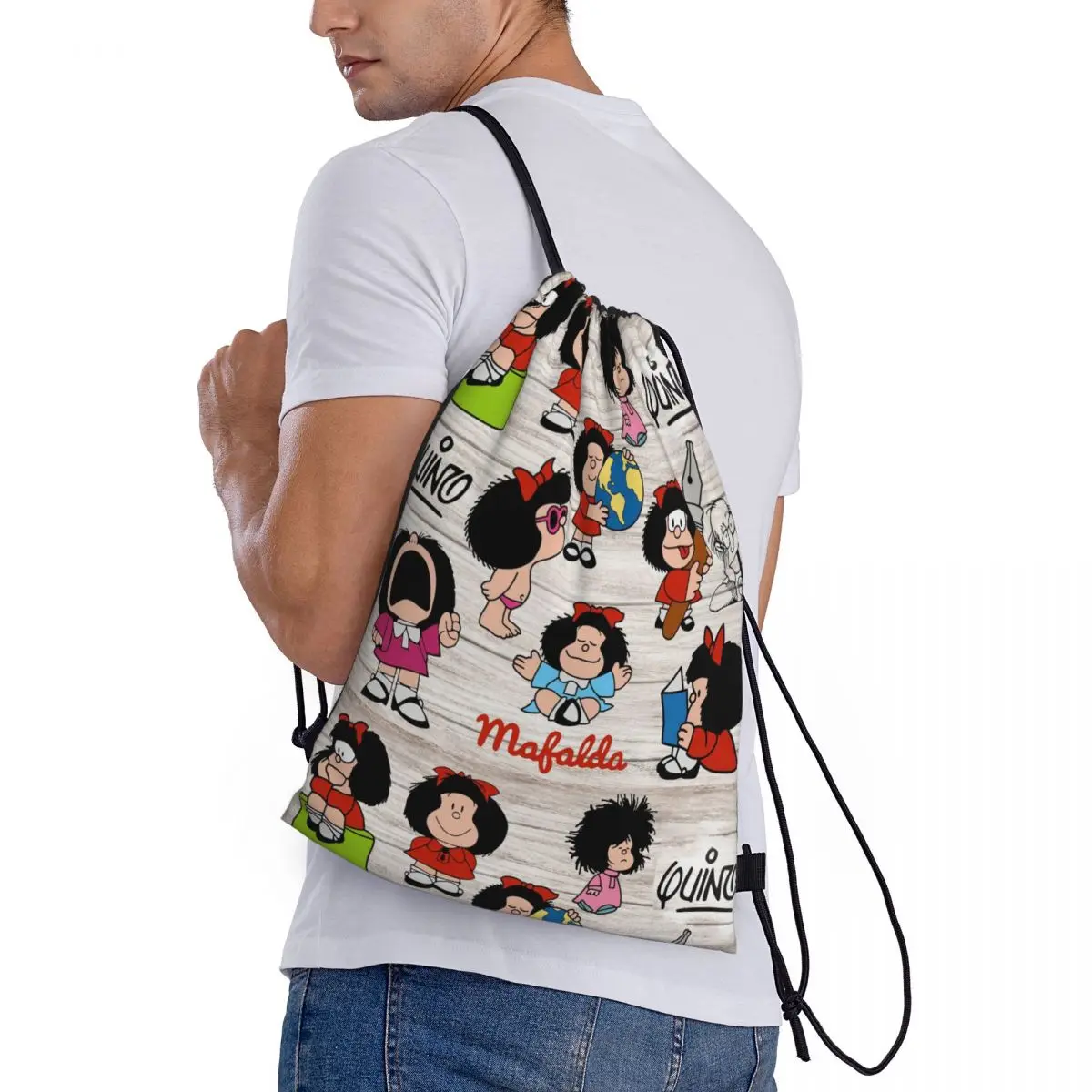 Borsa con coulisse personalizzata Kawaii Cartoon Mafalda Donna Uomo Zaino sportivo da palestra portatile Zaini portaoggetti per lo shopping