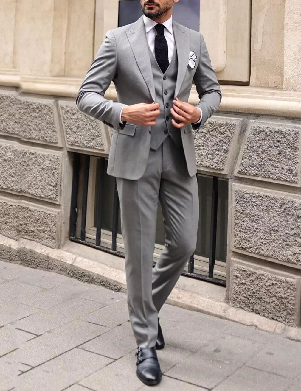 

Fashion men's suit 3 piece set men's Jacket pants vest Black Grey Business men's suit wedding suit Tall suit