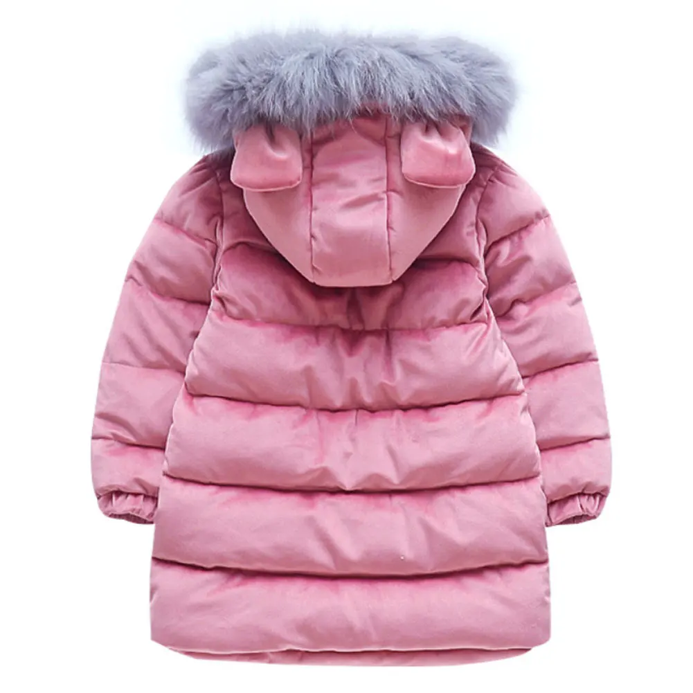 Girls' Fur Hooded Warm Coat,Children's Winter Jacket,Kids Quilted Cotton Outerwear,Small Bear  Hairballs Zipper Thicked Overcoat